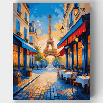 Vibrant Parisian Café Street with Eiffel Tower - Paint by Numbers Kit