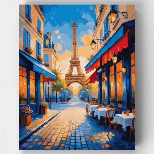 Vibrant Parisian Café Street with Eiffel Tower - Paint by Numbers Kit