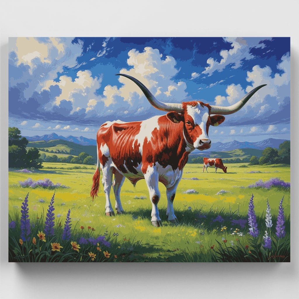 Texas Longhorn en prado de flores silvestres - Kit de pintura por números — Estándar