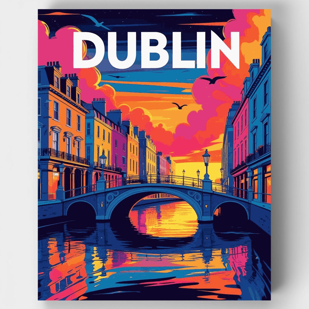 Kit de pintura por números: Atardecer de neón en el puente Ha'penny de Dublín — Estándar