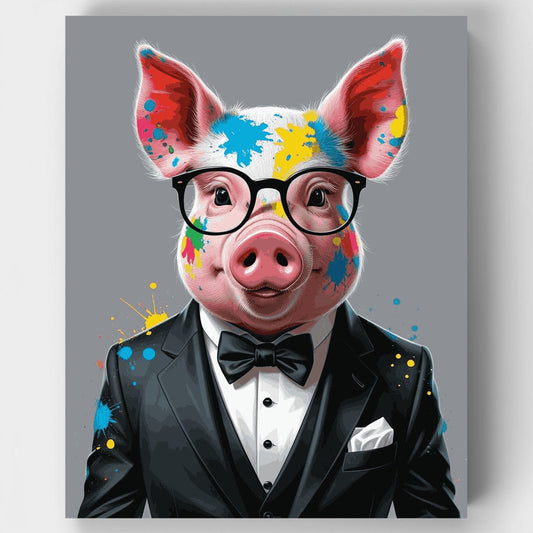 Sophisticated Pig in Tuxedo with Paint Splatter - Paint by Numbers Kit