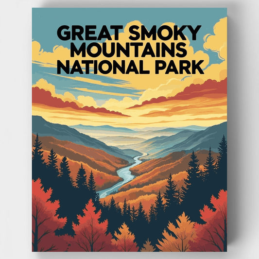 Great Smoky Mountains National Park Autumn River Canyon Sunset - Paint by Numbers Kit