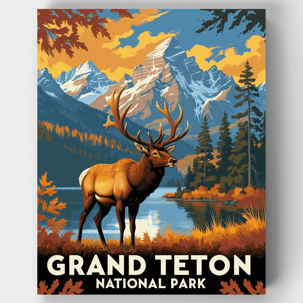 Kit de pintura por números: Alces junto al lago en el Parque Nacional de Grand Teton en otoño — Estándar