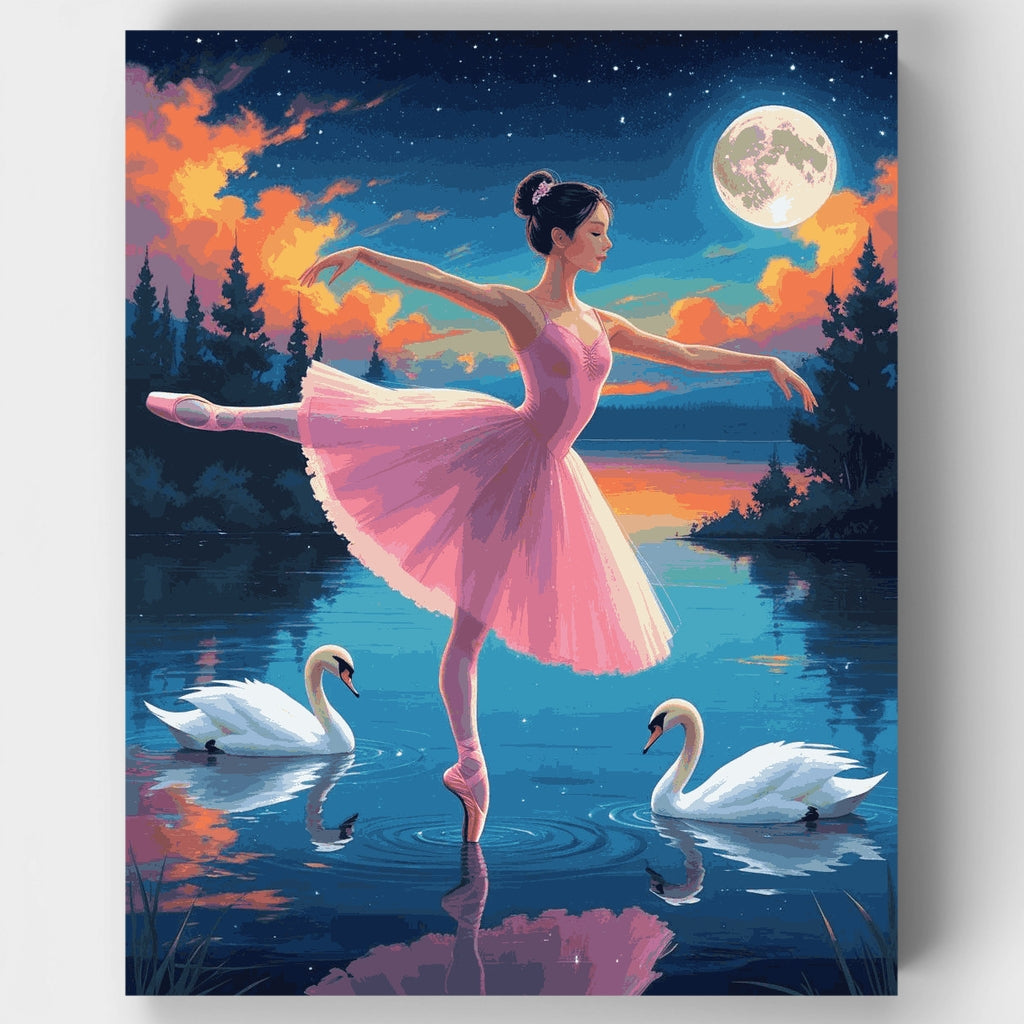 Bailarina bailando con cisnes bajo la luz de la luna - Kit de pintura por números — Estándar