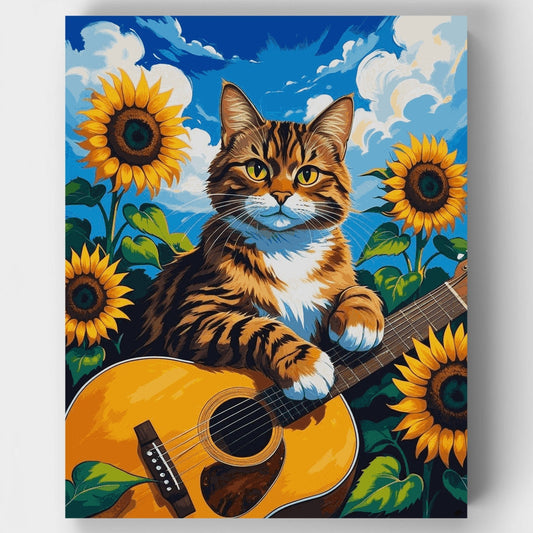 Tabby Cat with Guitar in Sunflower Field - Paint by Numbers Kit