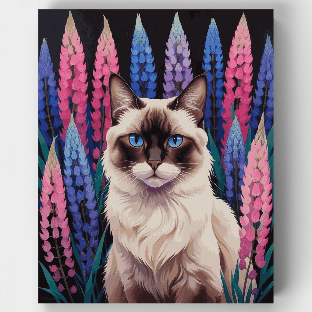 Kit de pintura por números: Gato Ragdoll en un jardín de lupinos — Estándar
