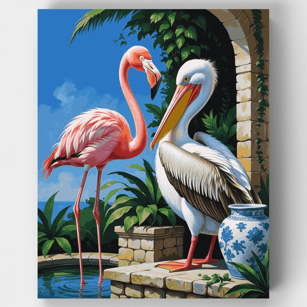 Jardín de flamencos y pelícanos - Kit de pintura por números — Estándar