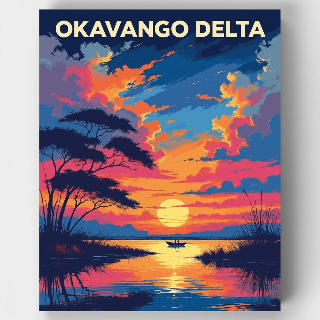 Kit de pintura por números: Silueta de mokoro al atardecer en el delta del Okavango — Estándar