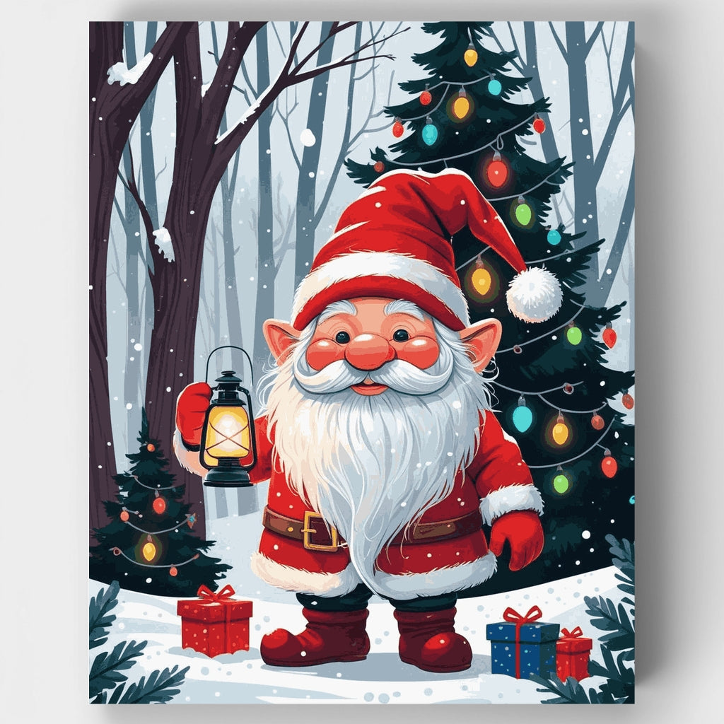 Gnomo navideño con farolillo en bosque nevado - Kit de pintura por números — Estándar
