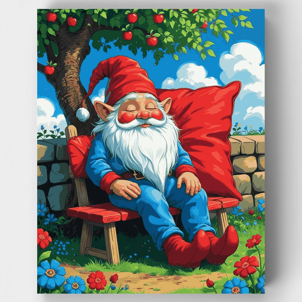 Gnomo de jardín durmiendo bajo un manzano - Kit de pintura por números — Estándar