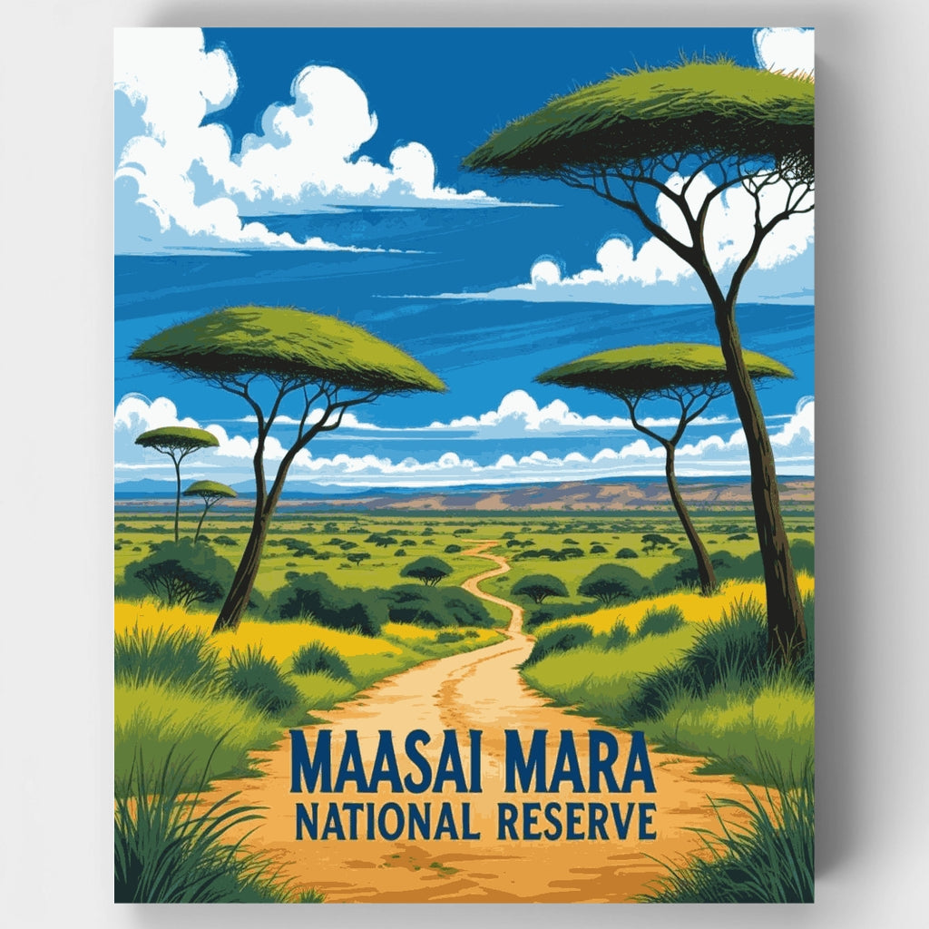 Sendero de acacias en Masái Mara bajo cielos azules - Kit de pintura por números — Estándar