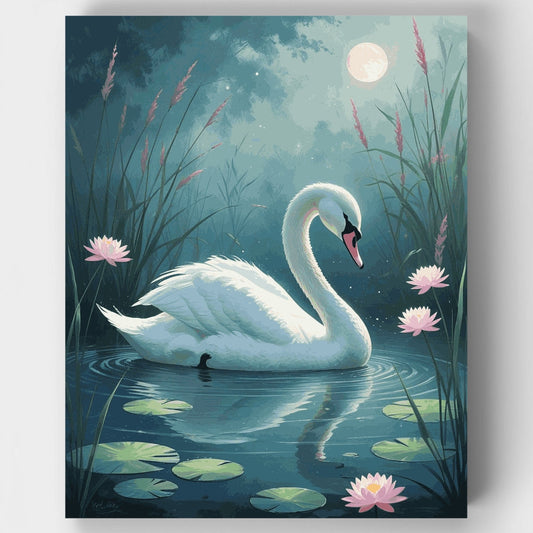 Elegant White Swan on Moonlit Pond - Paint by Numbers Kit