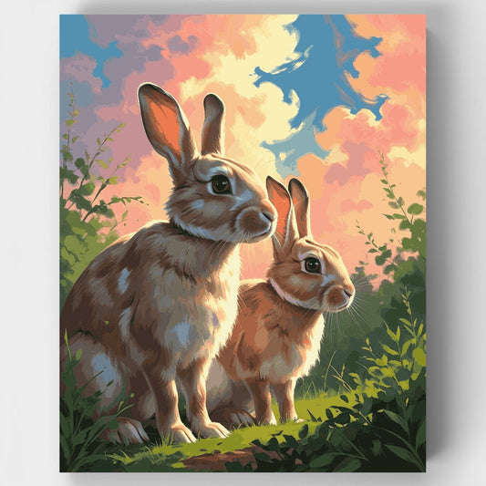 Two Rabbits in Sunset Meadow - Paint by Numbers Kit