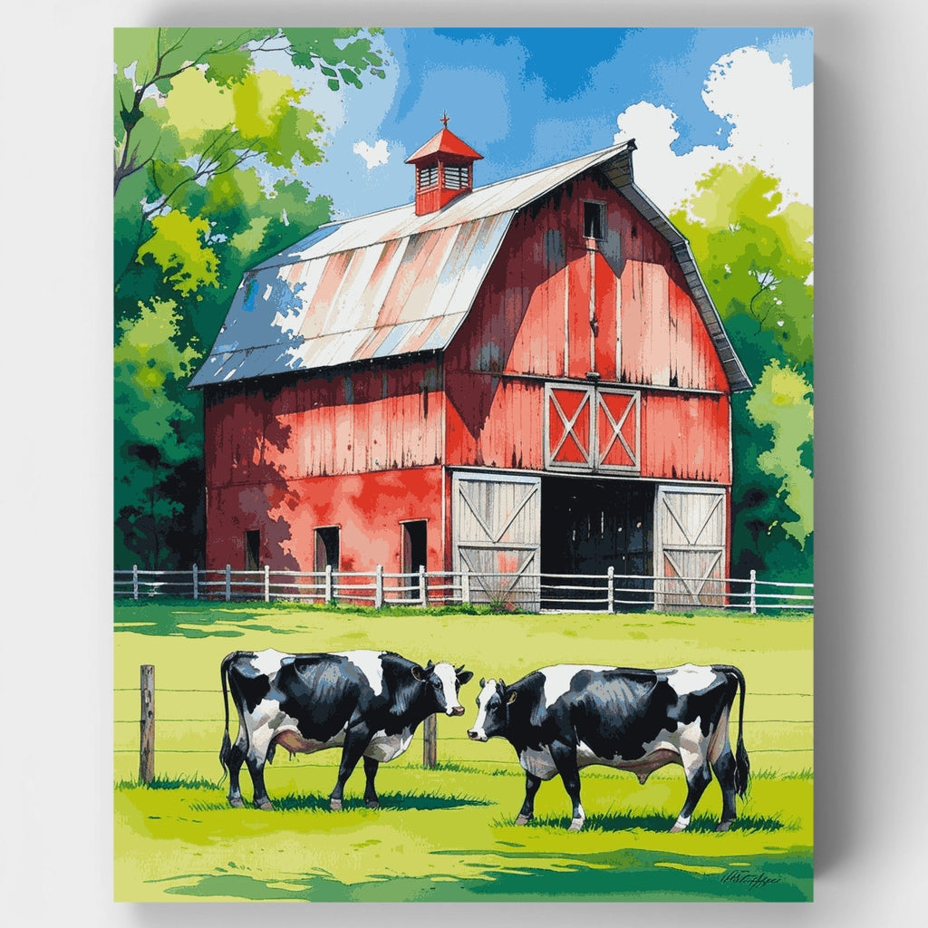 Red Barn with Holstein Cows - Paint by Numbers Kit