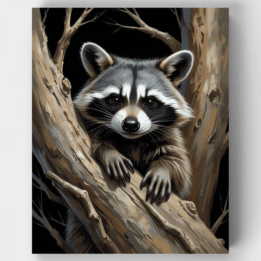Curious Raccoon in Tree Hollow - Paint by Numbers Kit