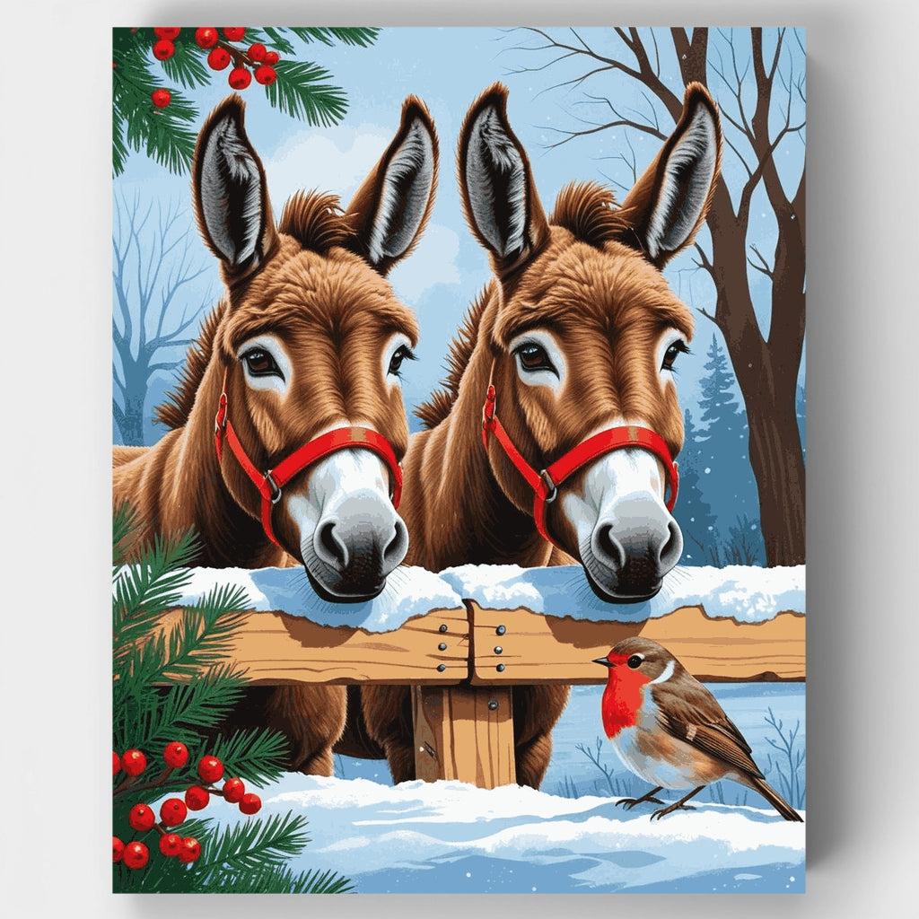Burros festivos con petirrojo - Kit de pintura por números — Estándar