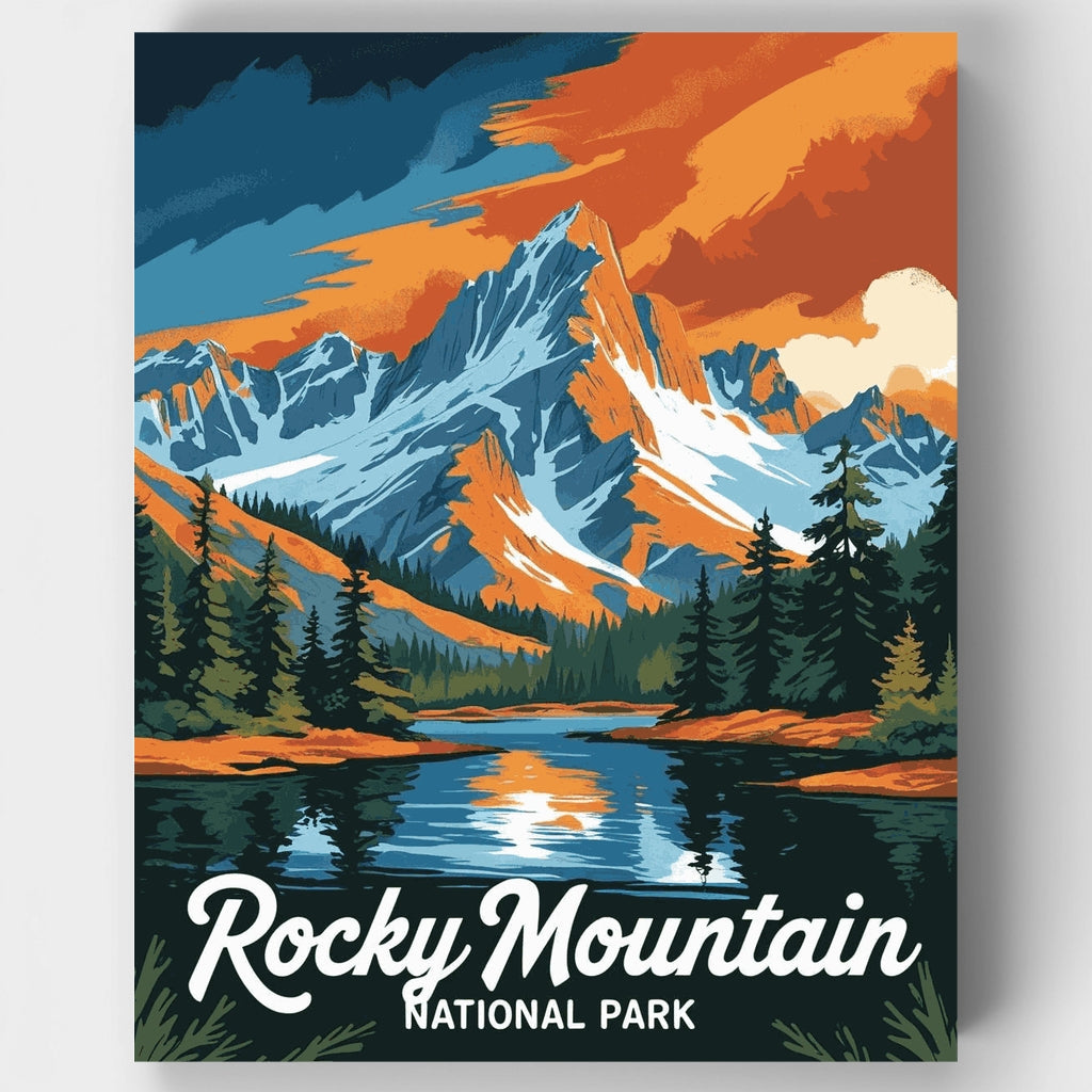 Kit de pintura por números: Atardecer ardiente y reflejo en el río del Parque Nacional de las Montañas Rocosas — Estándar