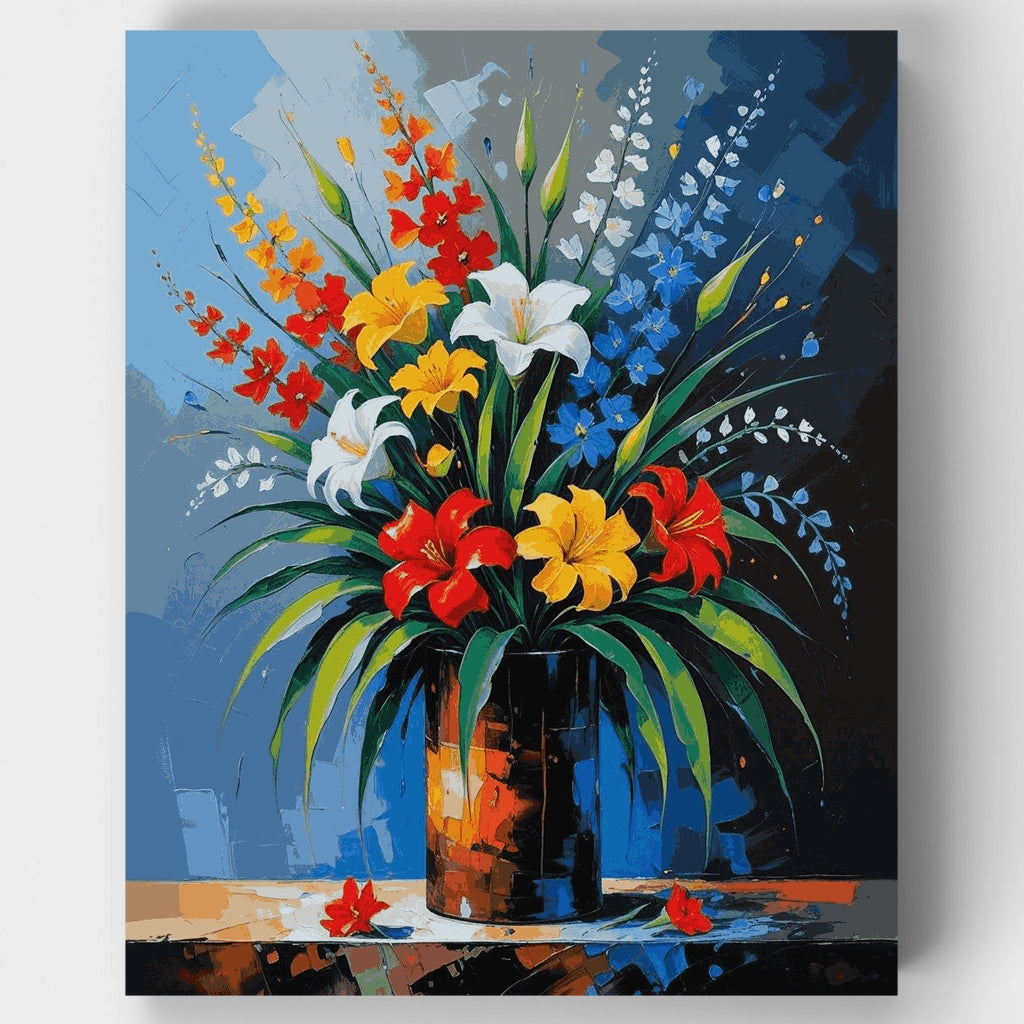 Ramo de flores vibrantes en jarrón oscuro - Kit de pintura por números — Estándar