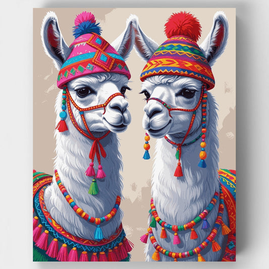 Festive Llamas in Traditional Attire - Paint by Numbers Kit
