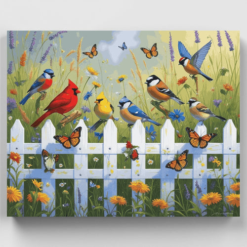 Birds and Butterflies on Garden Fence - Paint by Numbers Kit