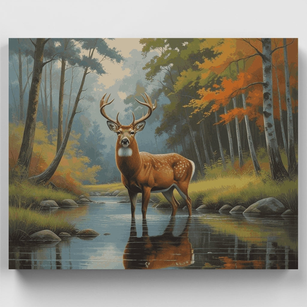 Reflejo de ciervo majestuoso en arroyo otoñal - Kit de pintura por números — Estándar