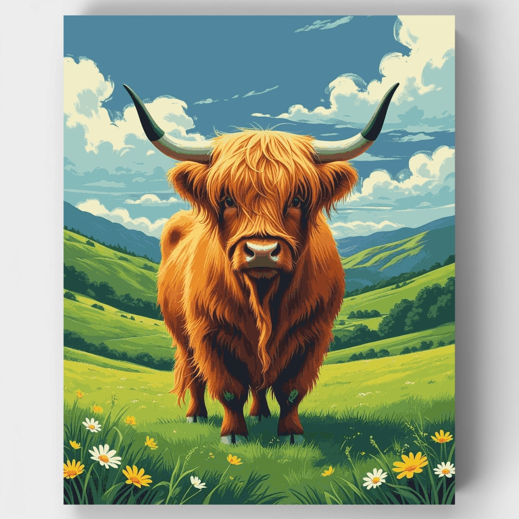 Majestuosa vaca de las Tierras Altas en un valle escocés - Kit de pintura por números — Estándar