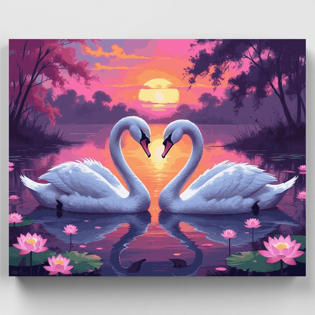 Cisnes románticos en un lago tranquilo al atardecer - Kit de pintura por números — Estándar