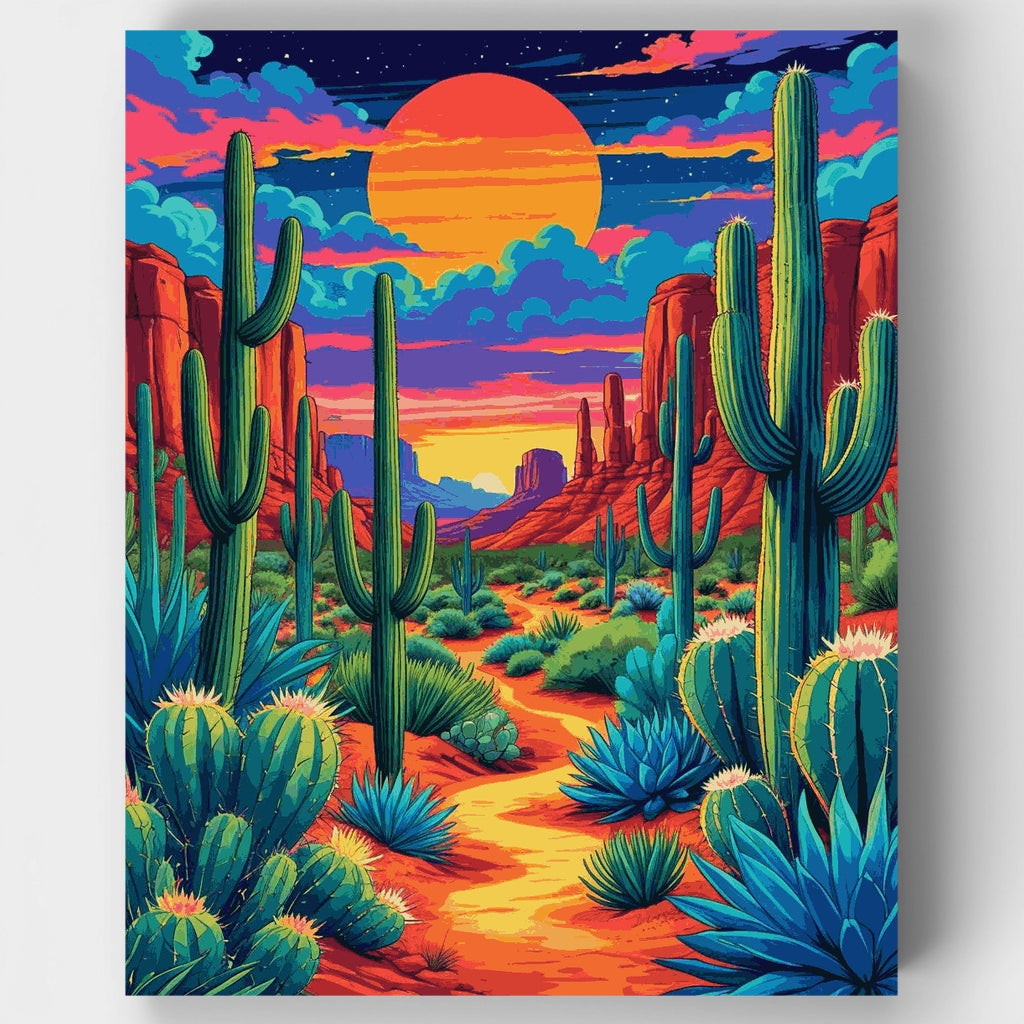 Kit de pintura por números: Atardecer en el desierto de Arizona con saguaros — Estándar