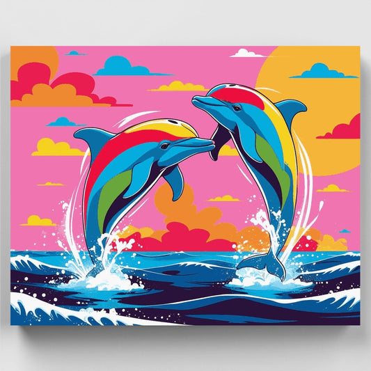 Vibrant Dolphins Leaping Through Sunset Waves - Paint by Numbers Kit