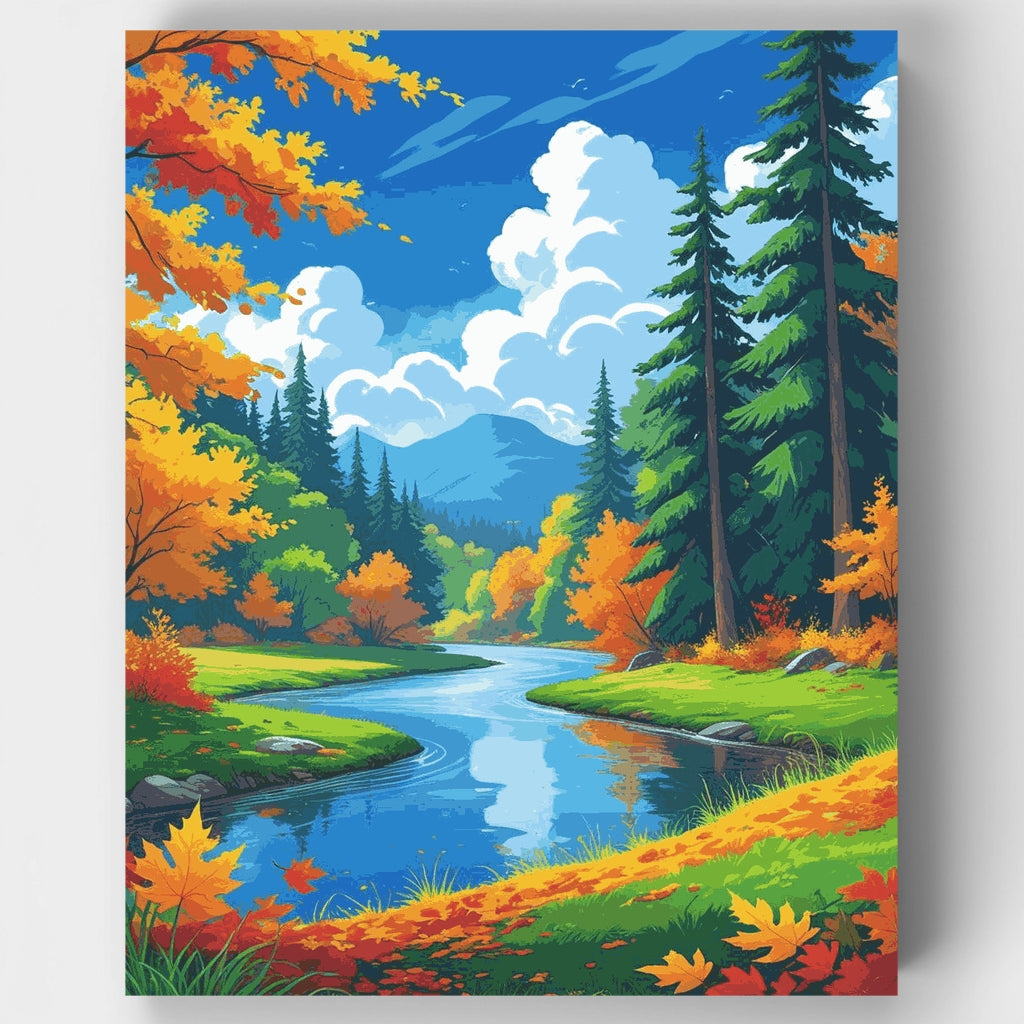 Escena de bosque con río en otoño - Kit de pintura por números — Estándar