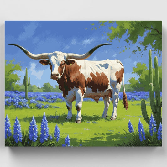 Texas Longhorn in Bluebonnet Field - Paint by Numbers Kit