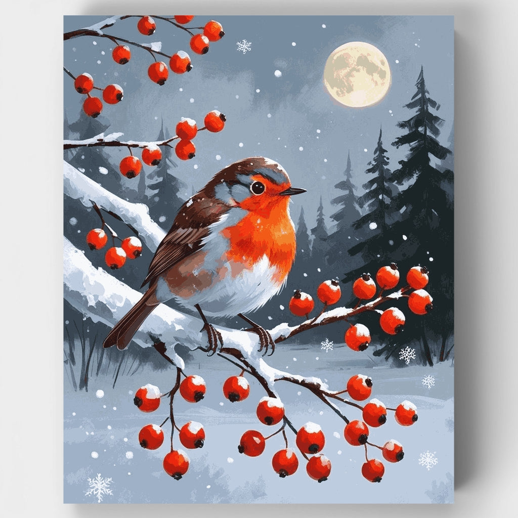 Petirrojo invernal sobre bayas nevadas - Kit de pintura por números — Estándar