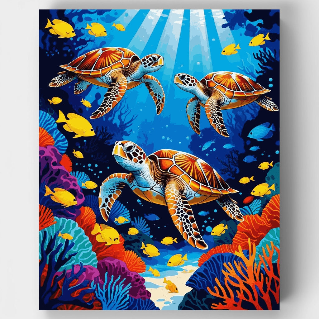 Sea Turtles Swimming with Tropical Fish - Paint by Numbers Kit
