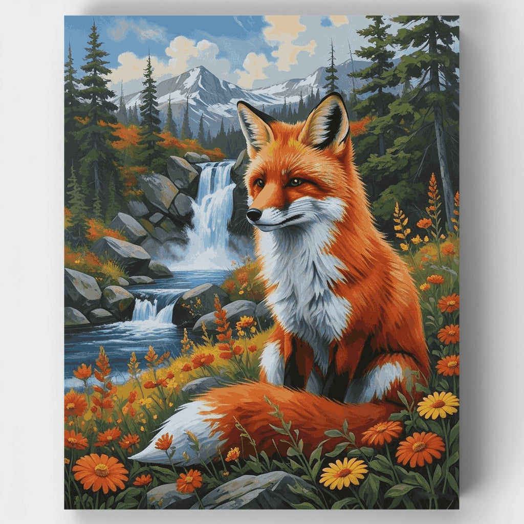 Red Fox by Mountain Waterfall - Paint by Numbers Kit