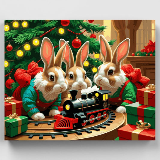 Christmas Bunnies with Toy Train - Paint by Numbers Kit