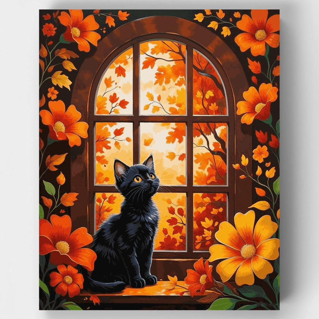 Gatito negro en ventana de otoño - Kit de pintura por números — Estándar
