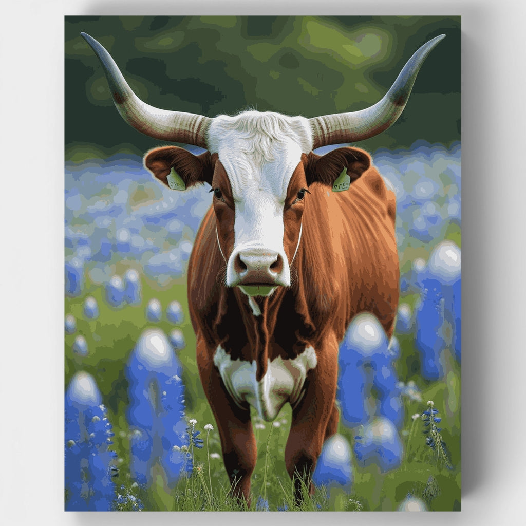 Longhorn Cow in Bluebonnet Field - Paint by Numbers Kit