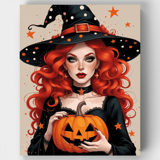 Enchanting Halloween Witch with Jack-o-Lantern - Paint by Numbers Kit