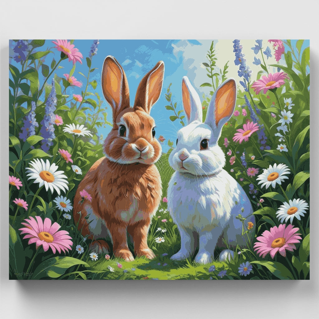 Two Adorable Bunnies in a Wildflower Meadow - Paint by Numbers Kit