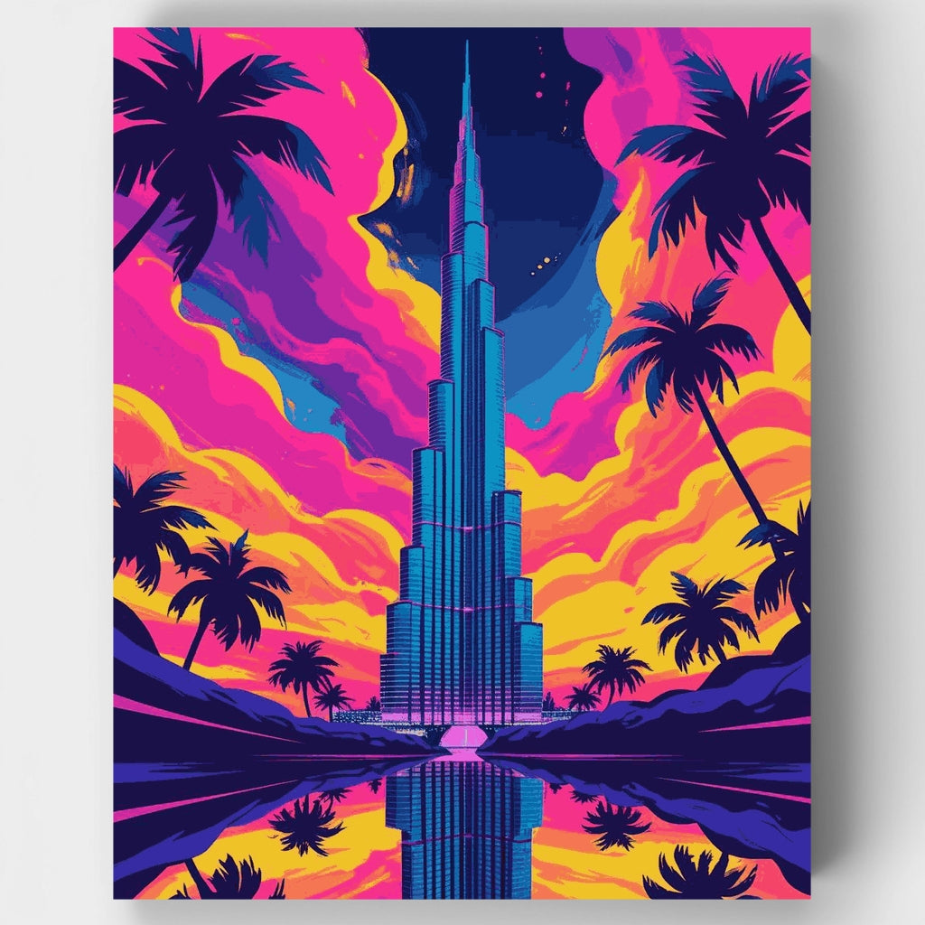 Kit de pintura por números: Atardecer en el Burj Khalifa de Dubái — Estándar