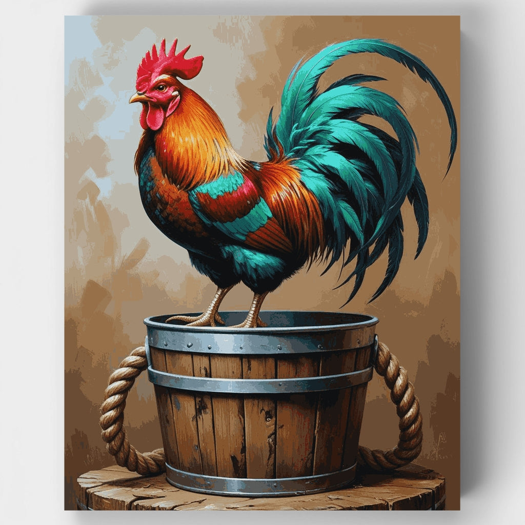 Gallo de color turquesa y cobre sobre barril - Kit de pintura por números — Estándar