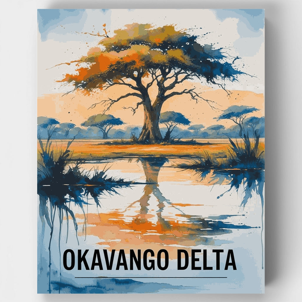 Kit de pintura por números: Reflejo de acacia en el Delta del Okavango — Estándar
