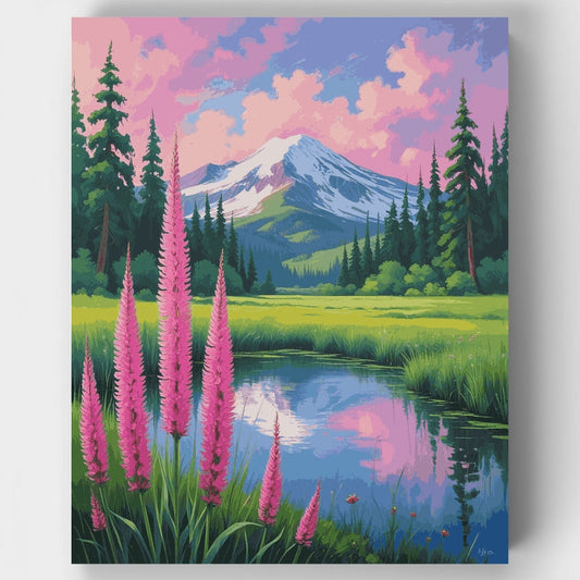 Mount Rainier National Park Fireweed Meadow Reflection - Paint by Numbers Kit
