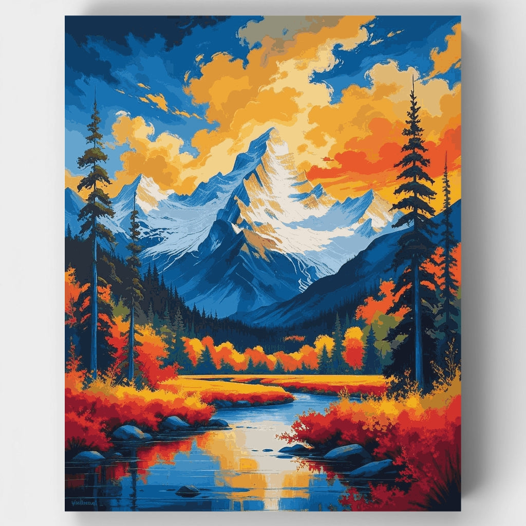 Kit de pintura por números: Arroyo en el bosque de otoño del Parque Nacional Denali — Estándar