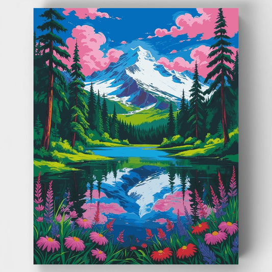 Mount Rainier National Park Wildflower Lake Reflection - Paint by Numbers Kit