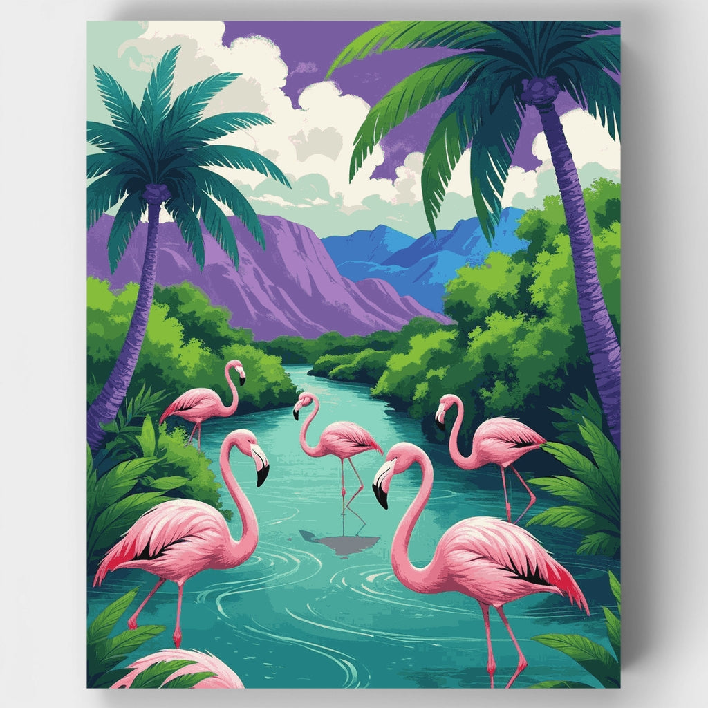 Flamencos en el paraíso del río tropical - Kit de pintura por números — Estándar
