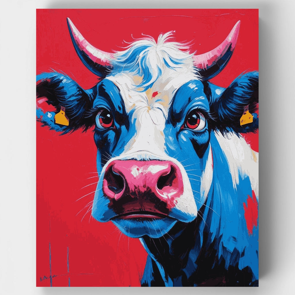 Moody Blue Cow on Red - Paint by Numbers Kit