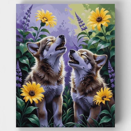Wolf Pups in Sunflower Garden - Paint by Numbers Kit