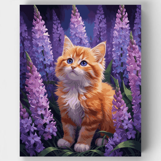 Orange Kitten in Purple Lavender Garden - Paint by Numbers Kit