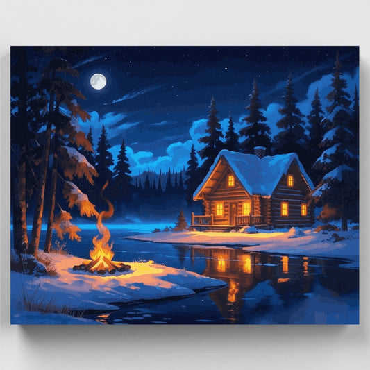 Winter Cabin by Moonlight - Paint by Numbers Kit
